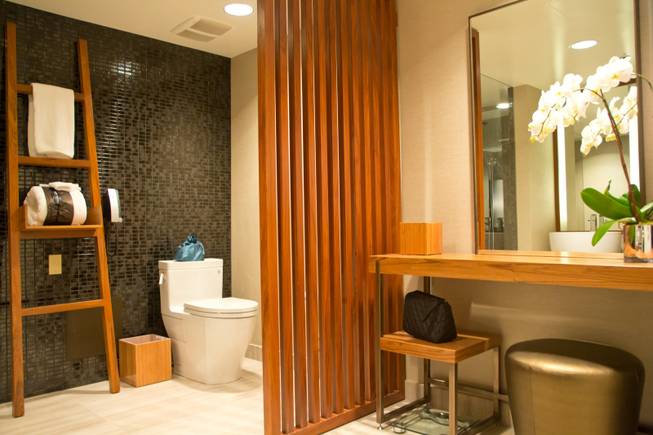 A view of the bathroom of one of the rooms at the new Nobu Hotel inside Caesars Palace, June 26, 2012.